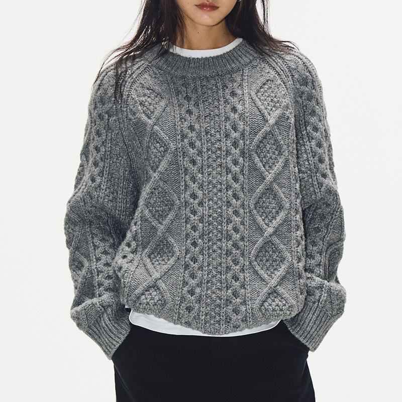 Gray Round Neck Cable Knit Sweater for Women - Loose Thick Knit Top in 2025 Autumn Winter Korean Style Fashion