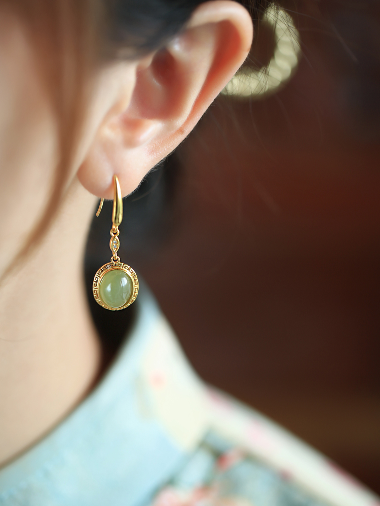 Green Jade Earrings for Women - 18K Gold-Plated Silver with Chinese Style Design, Elegant Jade Stone Jewelry Green Jade Earrings for Women - 18K Gold-Plated Silver with Chinese Style Design, Elegant Jade Stone Jewelry
