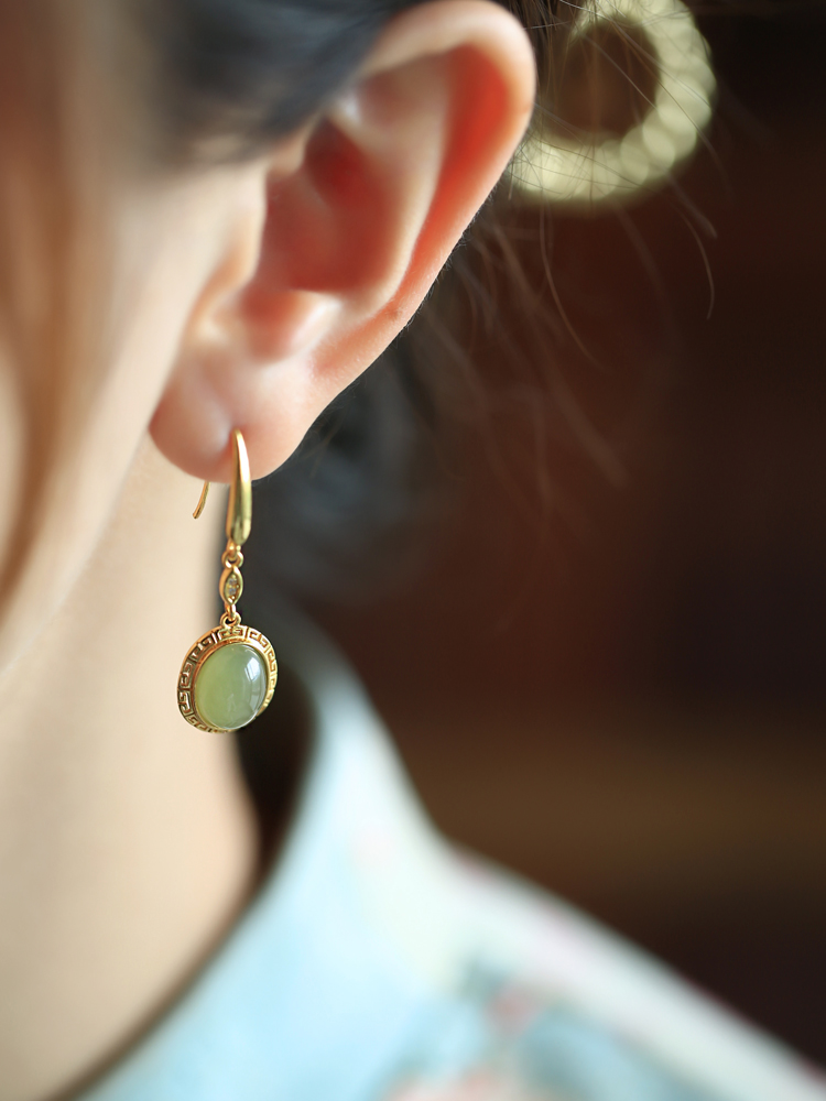 Green Jade Earrings for Women - 18K Gold-Plated Silver with Chinese Style Design, Elegant Jade Stone Jewelry Green Jade Earrings for Women - 18K Gold-Plated Silver with Chinese Style Design, Elegant Jade Stone Jewelry