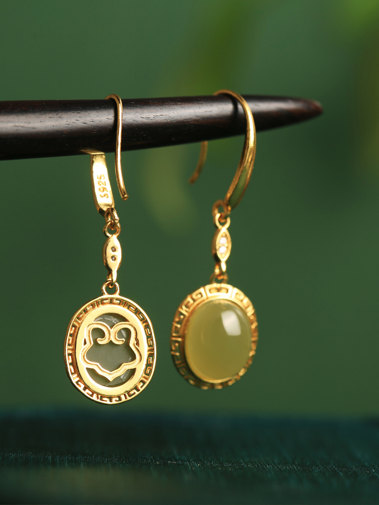 Green Jade Earrings for Women - 18K Gold-Plated Silver with Chinese Style Design, Elegant Jade Stone Jewelry Green Jade Earrings for Women - 18K Gold-Plated Silver with Chinese Style Design, Elegant Jade Stone Jewelry