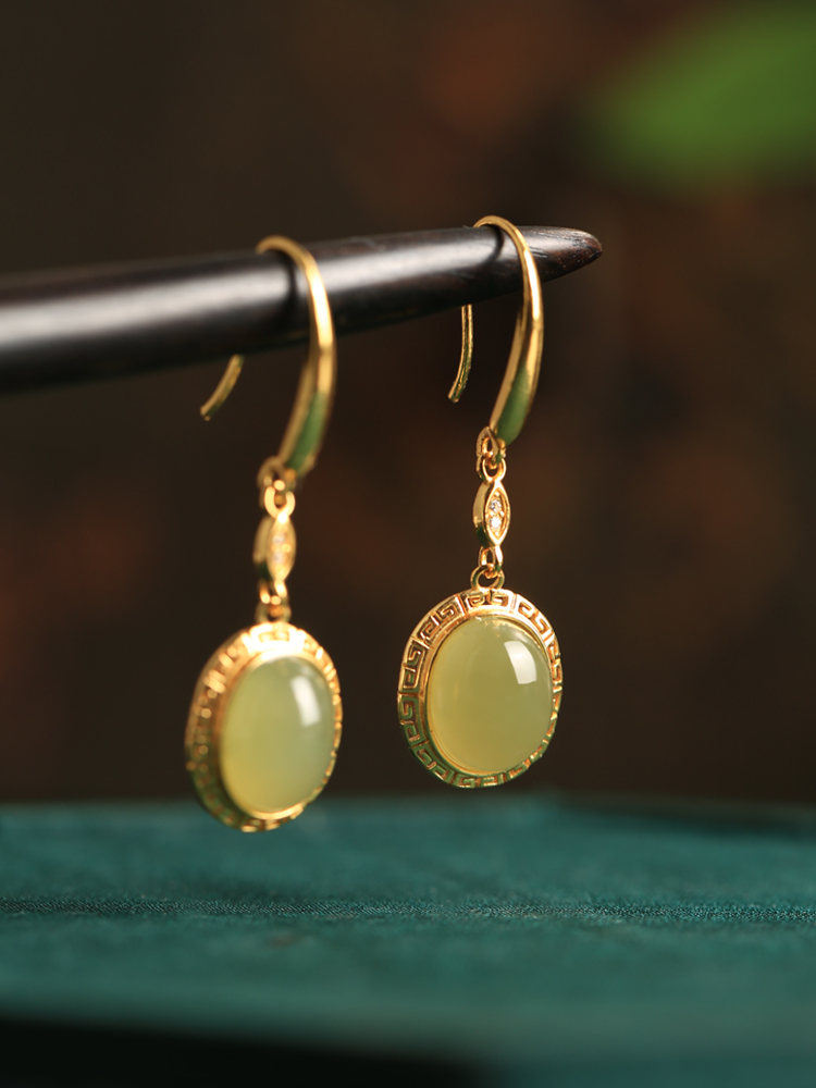 Green Jade Earrings for Women - 18K Gold-Plated Silver with Chinese Style Design, Elegant Jade Stone Jewelry Green Jade Earrings for Women - 18K Gold-Plated Silver with Chinese Style Design, Elegant Jade Stone Jewelry