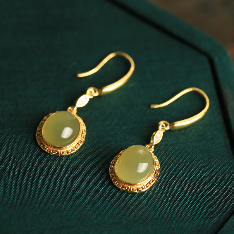 Green Jade Earrings for Women - 18K Gold-Plated Silver with Chinese Style Design, Elegant Jade Stone Jewelry