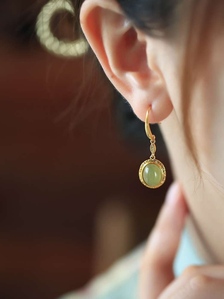 Green Jade Earrings for Women - 18K Gold-Plated Silver with Chinese Style Design, Elegant Jade Stone Jewelry Green Jade Earrings for Women - 18K Gold-Plated Silver with Chinese Style Design, Elegant Jade Stone Jewelry