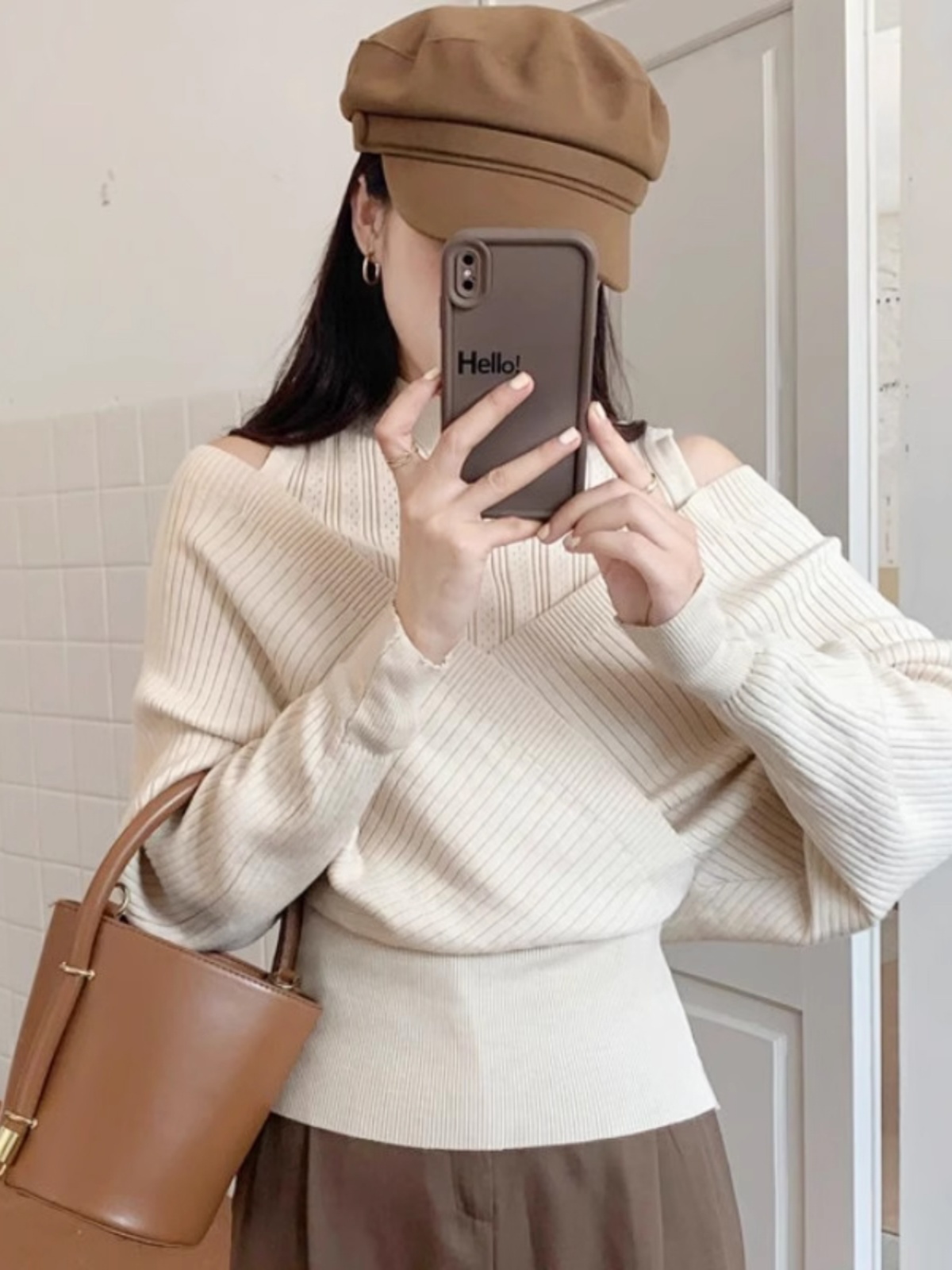 Half High-Neck Off-Shoulder Cross Long Sleeve Knitted Top - Stylish Irregular Slim-Fit for Autumn & Winter Fashion