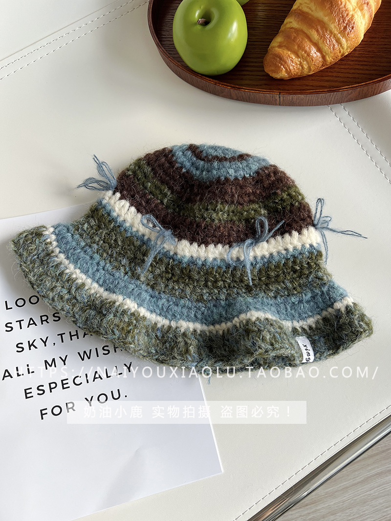 Hand-Crocheted Mohair Yarn Bow Striped Fisherman's Bucket Hat for Women - Retro Sweet Knitted Trendy Accessory