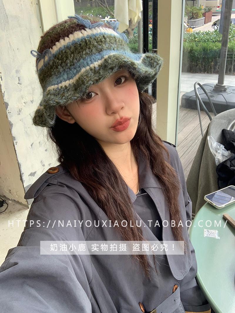 Hand-Crocheted Mohair Yarn Bow Striped Fisherman's Bucket Hat for Women - Retro Sweet Knitted Trendy Accessory Hand-Crocheted Mohair Yarn Bow Striped Fisherman's Bucket Hat for Women - Retro Sweet Knitted Trendy Accessory