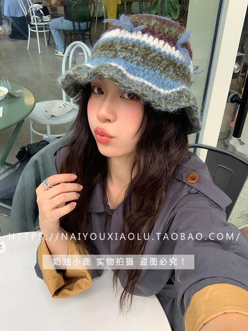 Hand-Crocheted Mohair Yarn Bow Striped Fisherman's Bucket Hat for Women - Retro Sweet Knitted Trendy Accessory Hand-Crocheted Mohair Yarn Bow Striped Fisherman's Bucket Hat for Women - Retro Sweet Knitted Trendy Accessory