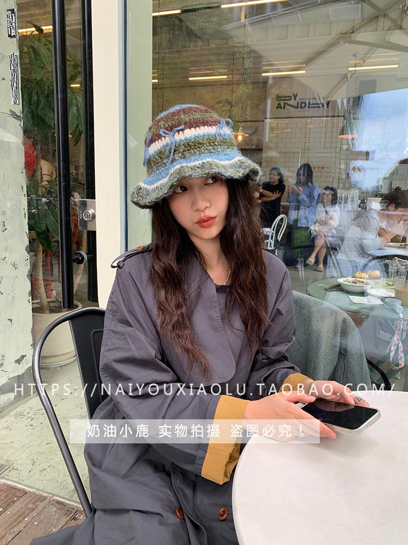 Hand-Crocheted Mohair Yarn Bow Striped Fisherman's Bucket Hat for Women - Retro Sweet Knitted Trendy Accessory Hand-Crocheted Mohair Yarn Bow Striped Fisherman's Bucket Hat for Women - Retro Sweet Knitted Trendy Accessory