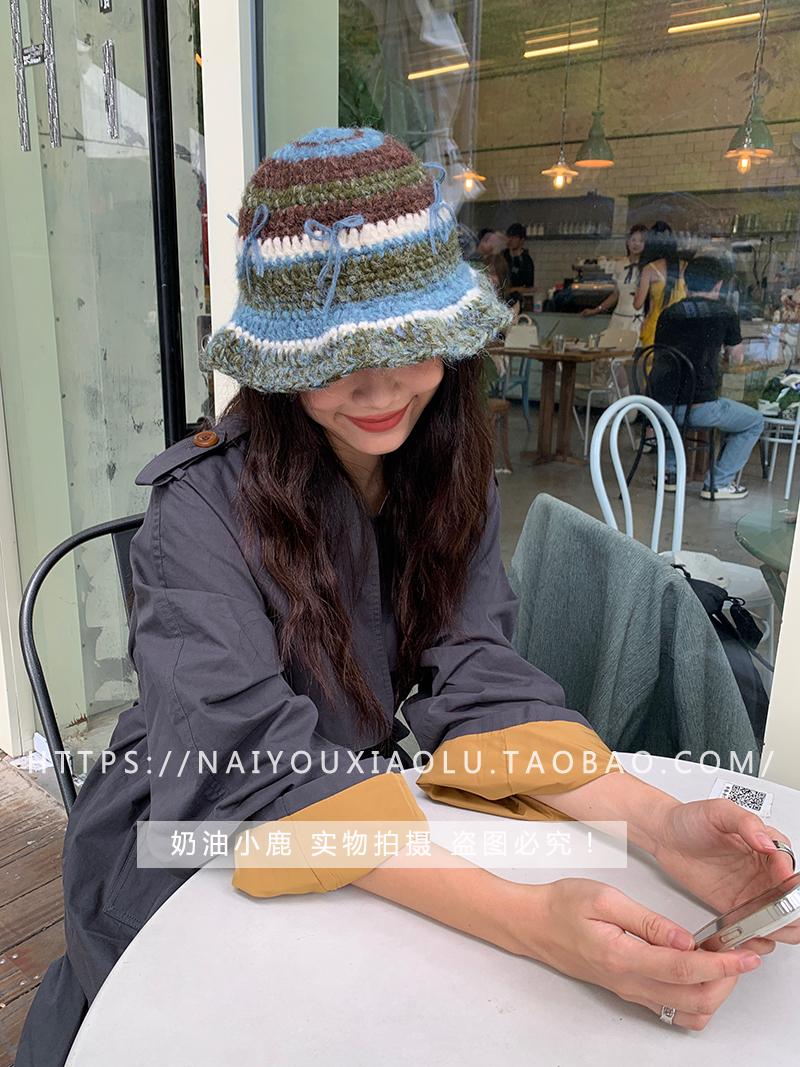 Hand-Crocheted Mohair Yarn Bow Striped Fisherman's Bucket Hat for Women - Retro Sweet Knitted Trendy Accessory Hand-Crocheted Mohair Yarn Bow Striped Fisherman's Bucket Hat for Women - Retro Sweet Knitted Trendy Accessory
