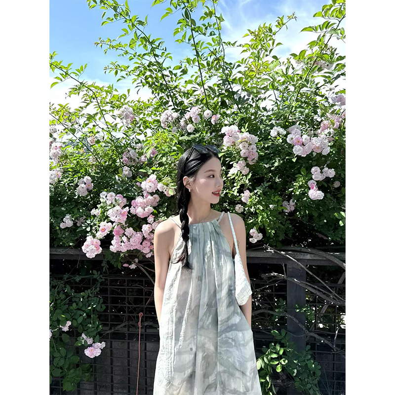 Hand-Drawn Plant Print Casual Round Neck Strap Dress for Women - Versatile and Trendy Spring/Summer Fashion