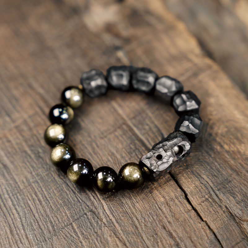 Handmade Black Ebony and Gold Obsidian Bracelet for Women and Men, Retro Trendy Jewelry, Unique Characteristic Design
