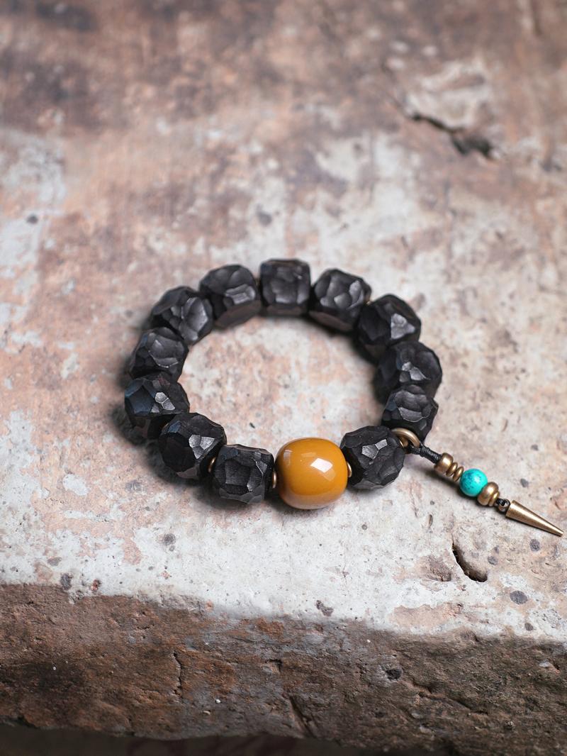 Handmade Black Sandalwood Bracelet for Men - Unique Meteorite Texture, Creative Cultural Accessories