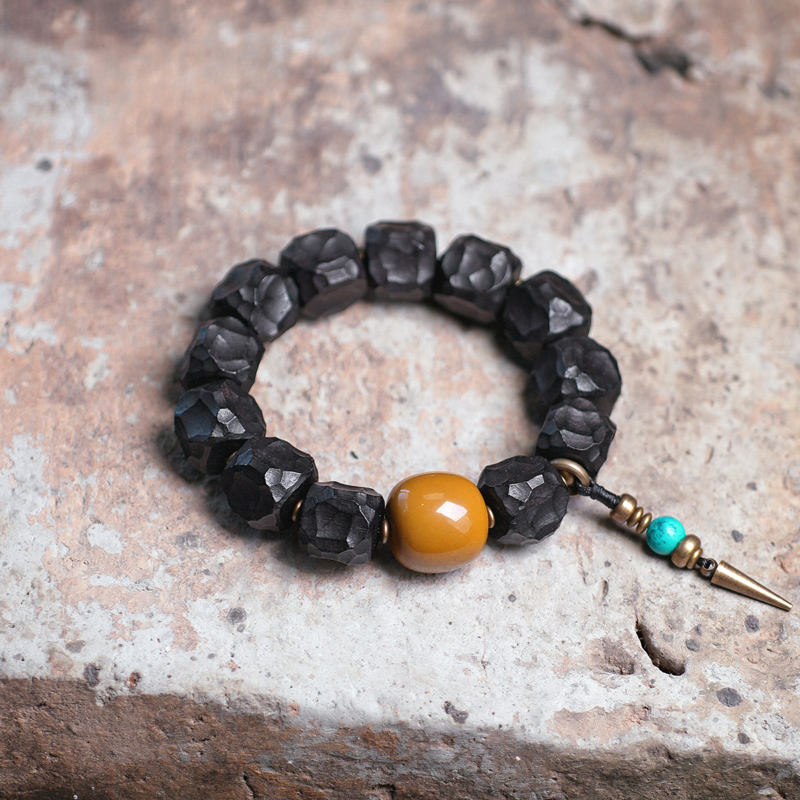 Handmade Black Sandalwood Bracelet for Men - Unique Meteorite Texture, Creative Cultural Accessories