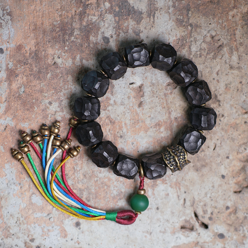 Handmade Black Sandalwood Bracelet for Men with Colorful Tassels and Unique Primitive Texture, Boho Style Accessory