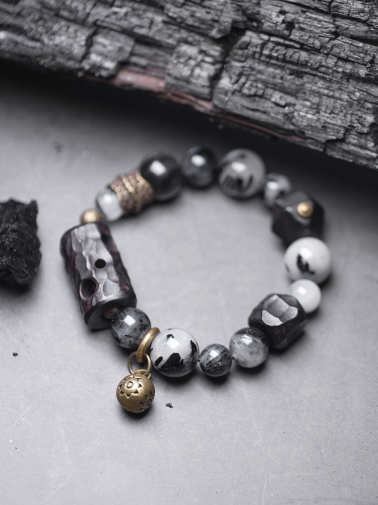 Handmade Black Tourmaline and Ebony Bracelet for Men - Vintage Trendy Versatile Accessory for Y2K and 90s Style Fashion