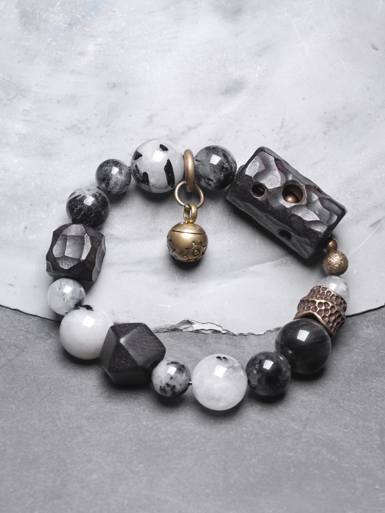 Handmade Black Tourmaline and Ebony Bracelet for Men - Vintage Trendy Versatile Accessory for Y2K and 90s Style Fashion