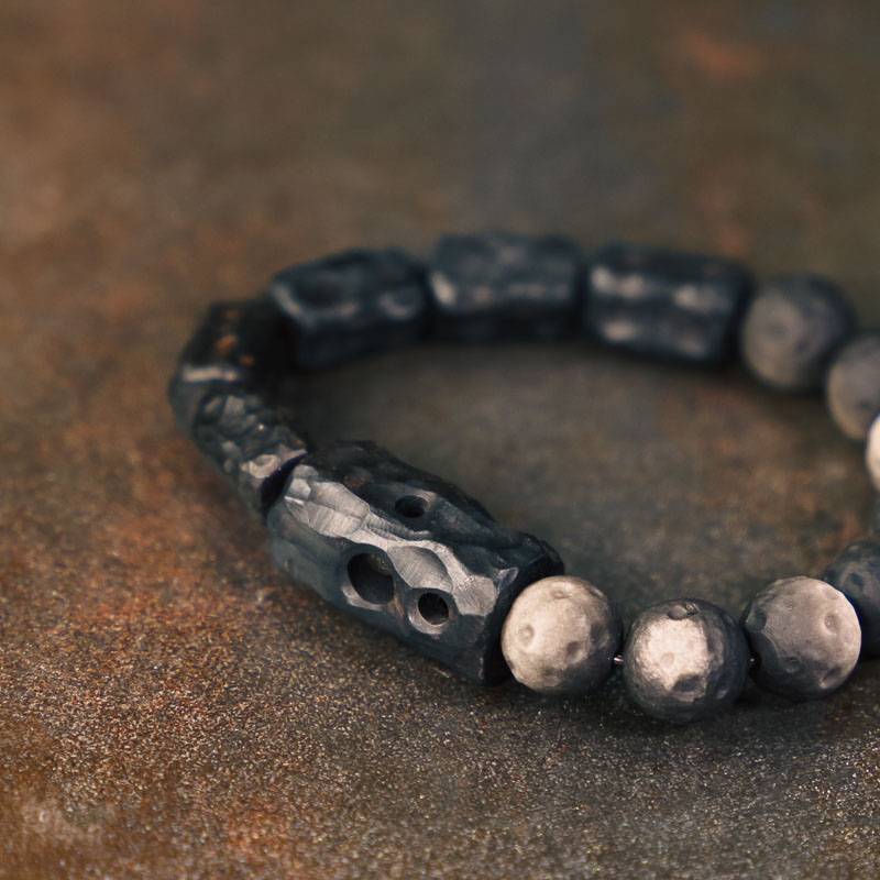 Handmade Carved Wooden and Silver Obsidian Bracelet for Women and Men, Vintage Matte Texture, Personalized Gift, Unique Jewelry