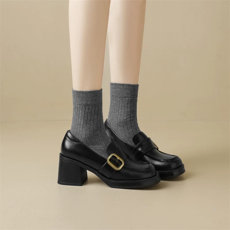 Handmade Chunky Heel Loafers in Soft Cowhide with Square Buckle – High-End Versatile Fashion Shoes for 25SS Season
