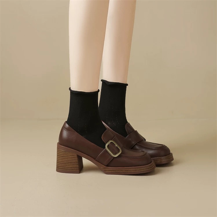 Handmade Chunky Heel Loafers in Soft Cowhide with Square Buckle – High-End Versatile Fashion Shoes for 25SS Season Handmade Chunky Heel Loafers in Soft Cowhide with Square Buckle – High-End Versatile Fashion Shoes for 25SS Season