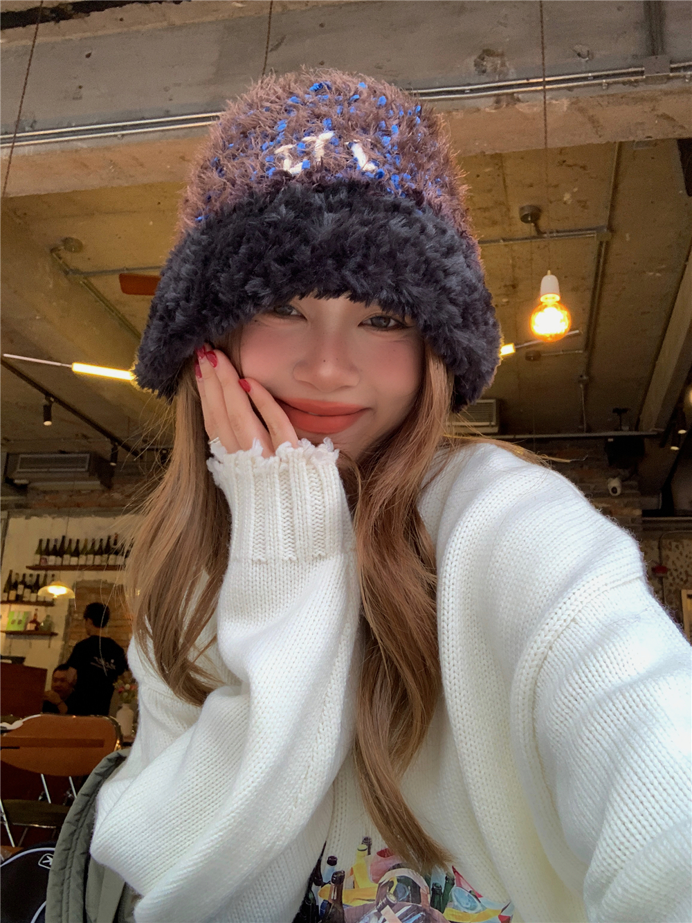 Handmade Color-Blocking Plush Chunky Knit Yarn Winter Hat for Women - Warm Thick Fisherman Style