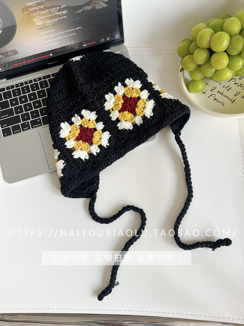 Handmade Crochet Floral Beanie for Women - Trendy Forest-Style Knitted Ear-Warming Hat with Braided Yarn Design