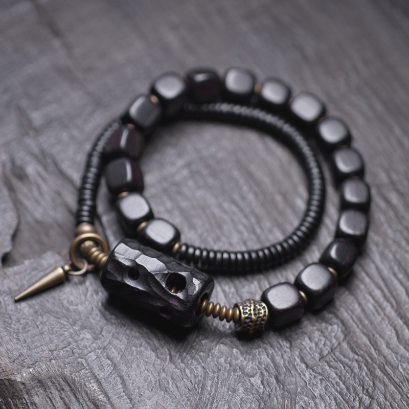 Handmade Ethnic Style Black Sandalwood Bracelet for Men - Versatile Hollow Square Wristband Accessories for Unique Personality