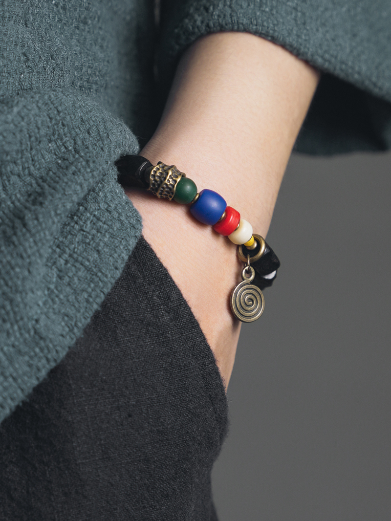 Handmade Ethnic Style Textured Ebony Wood Bracelet for Men, Tibetan-Style Glass Beads for Women, Personalized and Interactive Design