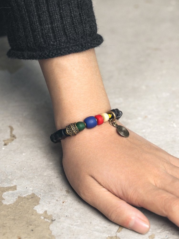 Handmade Ethnic Style Textured Ebony Wood Bracelet for Men, Tibetan-Style Glass Beads for Women, Personalized and Interactive Design