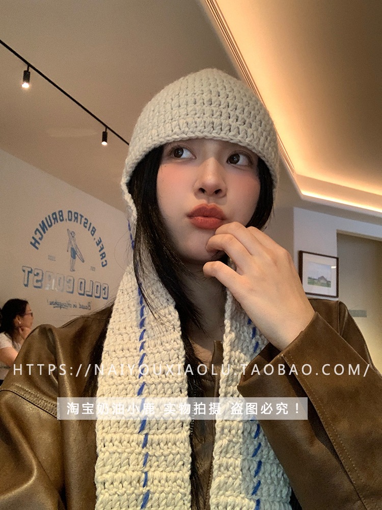 Handmade Knitted Wool Hat with Ear Protection and Neck Gaiter - Trendy Retro Design for Instagram Bloggers, Niche Style Handmade Knitted Wool Hat with Ear Protection and Neck Gaiter - Trendy Retro Design for Instagram Bloggers, Niche Style