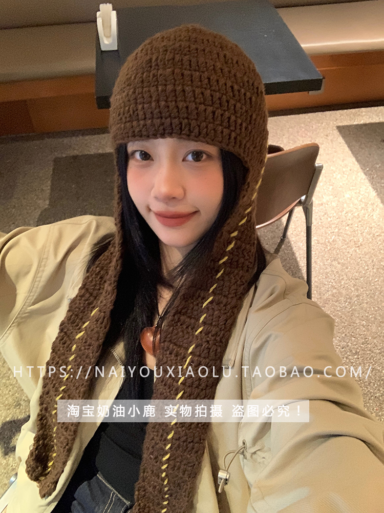 Handmade Knitted Wool Hat with Ear Protection and Neck Gaiter - Trendy Retro Design for Instagram Bloggers, Niche Style Handmade Knitted Wool Hat with Ear Protection and Neck Gaiter - Trendy Retro Design for Instagram Bloggers, Niche Style