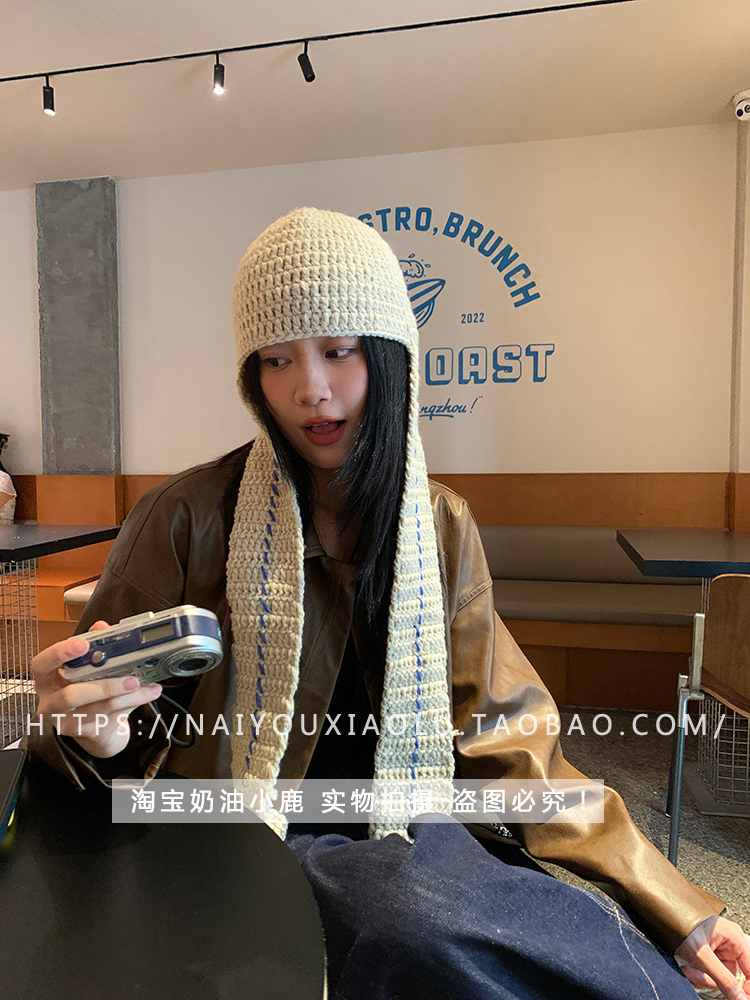 Handmade Knitted Wool Hat with Ear Protection and Neck Gaiter - Trendy Retro Design for Instagram Bloggers, Niche Style Handmade Knitted Wool Hat with Ear Protection and Neck Gaiter - Trendy Retro Design for Instagram Bloggers, Niche Style