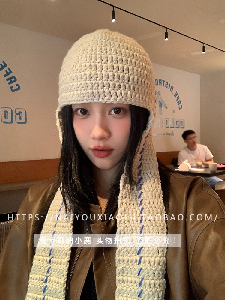 Handmade Knitted Wool Hat with Ear Protection and Neck Gaiter - Trendy Retro Design for Instagram Bloggers, Niche Style Handmade Knitted Wool Hat with Ear Protection and Neck Gaiter - Trendy Retro Design for Instagram Bloggers, Niche Style