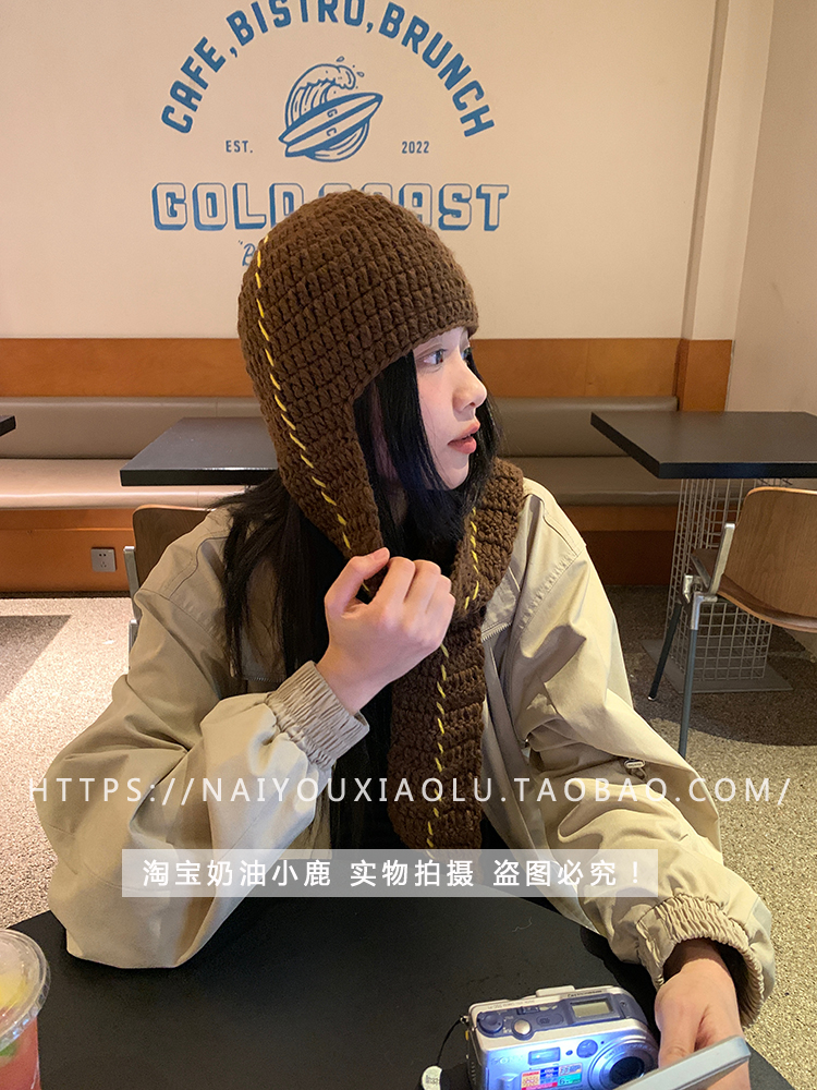 Handmade Knitted Wool Hat with Ear Protection and Neck Gaiter - Trendy Retro Design for Instagram Bloggers, Niche Style Handmade Knitted Wool Hat with Ear Protection and Neck Gaiter - Trendy Retro Design for Instagram Bloggers, Niche Style