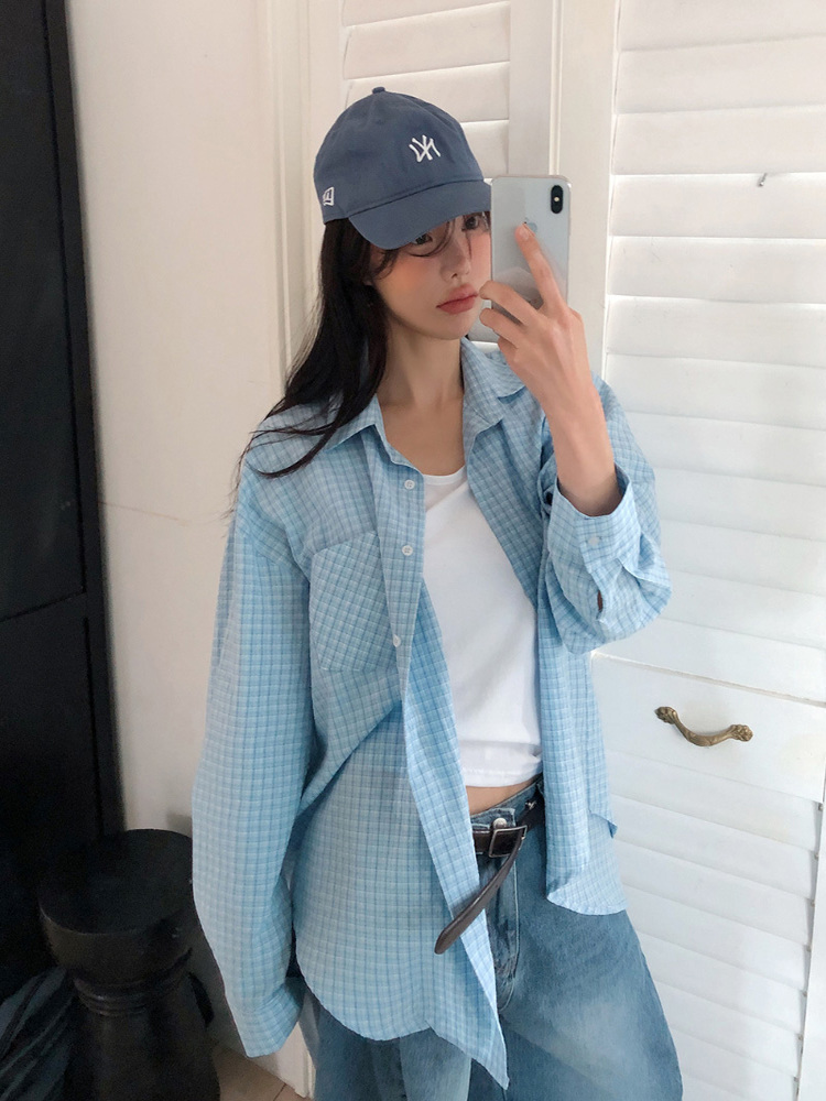 Handmade Korean Style Single-Row Check Long Sleeve Collar Shirt for Women - Trendy Fashion Top