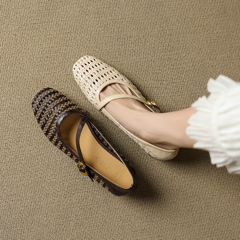 Handmade Lambskin Woven Apricot Square-Toe Mary Jane Shoes with Flat Hollow One-Strap Design - Comfortable Y2K Style Footwear Handmade Lambskin Woven Apricot Square-Toe Mary Jane Shoes with Flat Hollow One-Strap Design - Comfortable Y2K Style Footwear