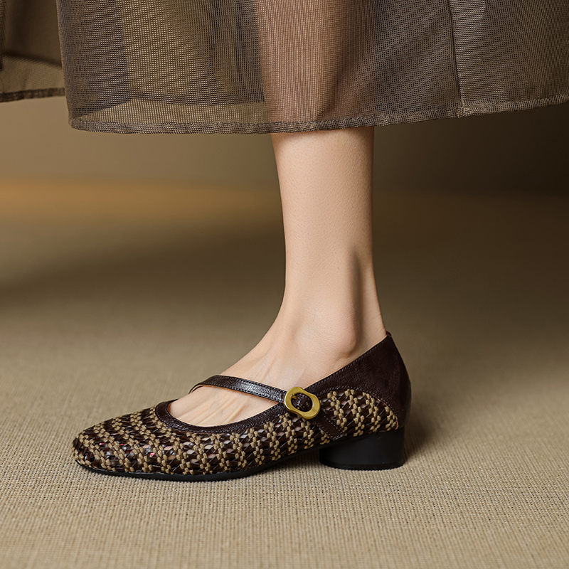 Handmade Lambskin Woven Apricot Square-Toe Mary Jane Shoes with Flat Hollow One-Strap Design - Comfortable Y2K Style Footwear Handmade Lambskin Woven Apricot Square-Toe Mary Jane Shoes with Flat Hollow One-Strap Design - Comfortable Y2K Style Footwear