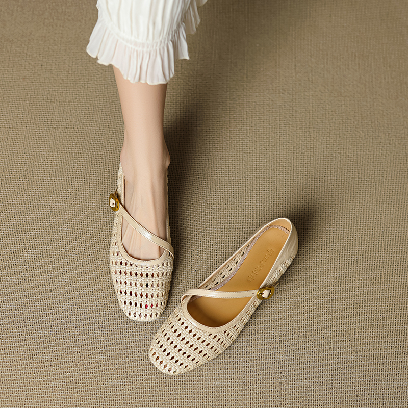 Handmade Lambskin Woven Apricot Square-Toe Mary Jane Shoes with Flat Hollow One-Strap Design - Comfortable Y2K Style Footwear Handmade Lambskin Woven Apricot Square-Toe Mary Jane Shoes with Flat Hollow One-Strap Design - Comfortable Y2K Style Footwear