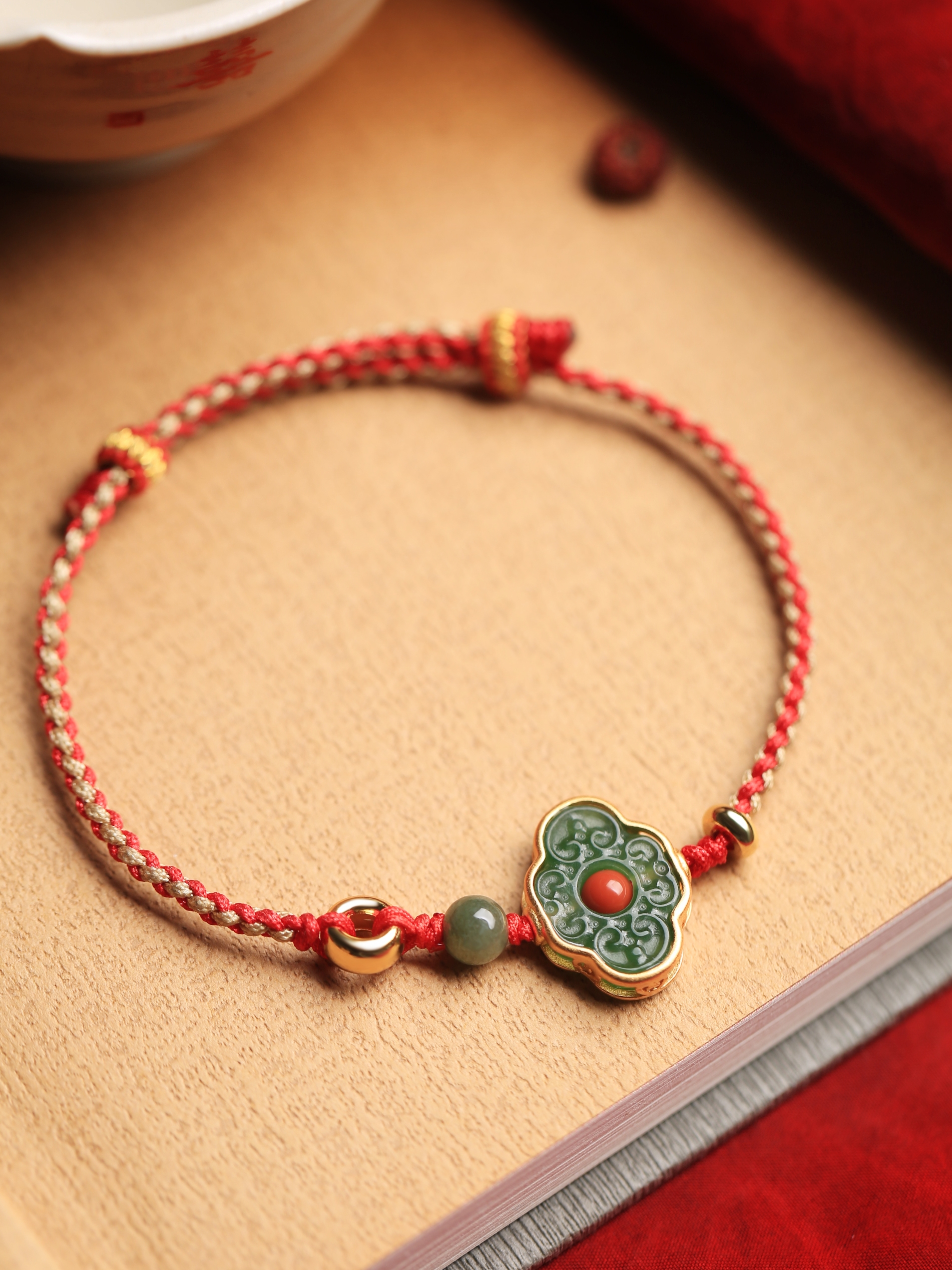 Handmade Natural Jadeite Ruyi Hetian Jade Bracelet with Pure Silver and Red Rope, Retro Chinese Style Gift for Women