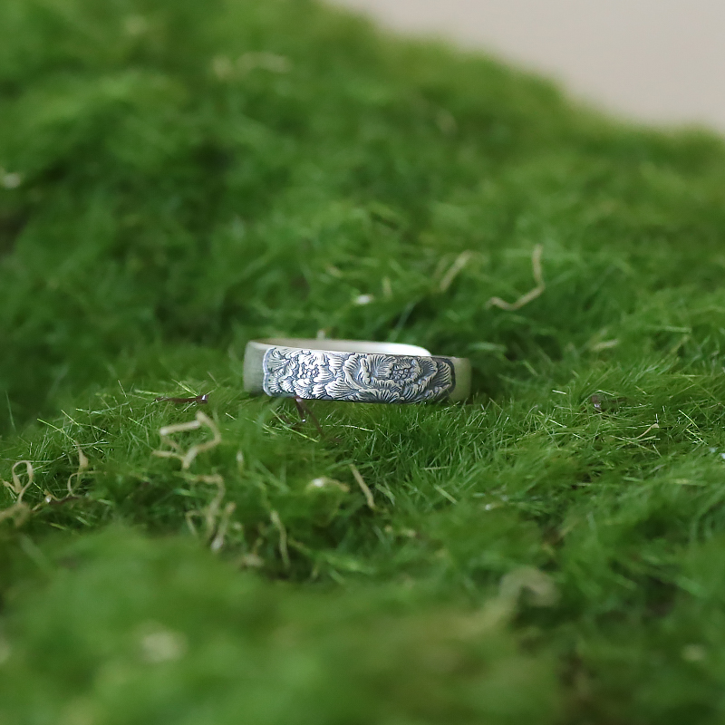 Handmade Pure Silver 999 Adjustable Open Ring with Carved Peony Flower - Vintage Chinese Style Floral Jewelry Handmade Pure Silver 999 Adjustable Open Ring with Carved Peony Flower - Vintage Chinese Style Floral Jewelry
