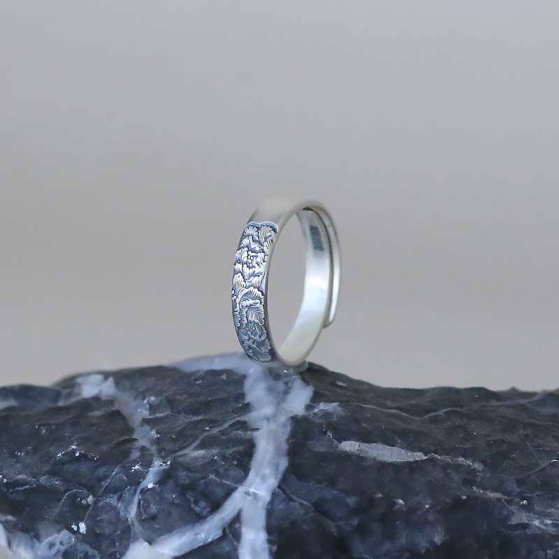 Handmade Pure Silver 999 Adjustable Open Ring with Carved Peony Flower - Vintage Chinese Style Floral Jewelry