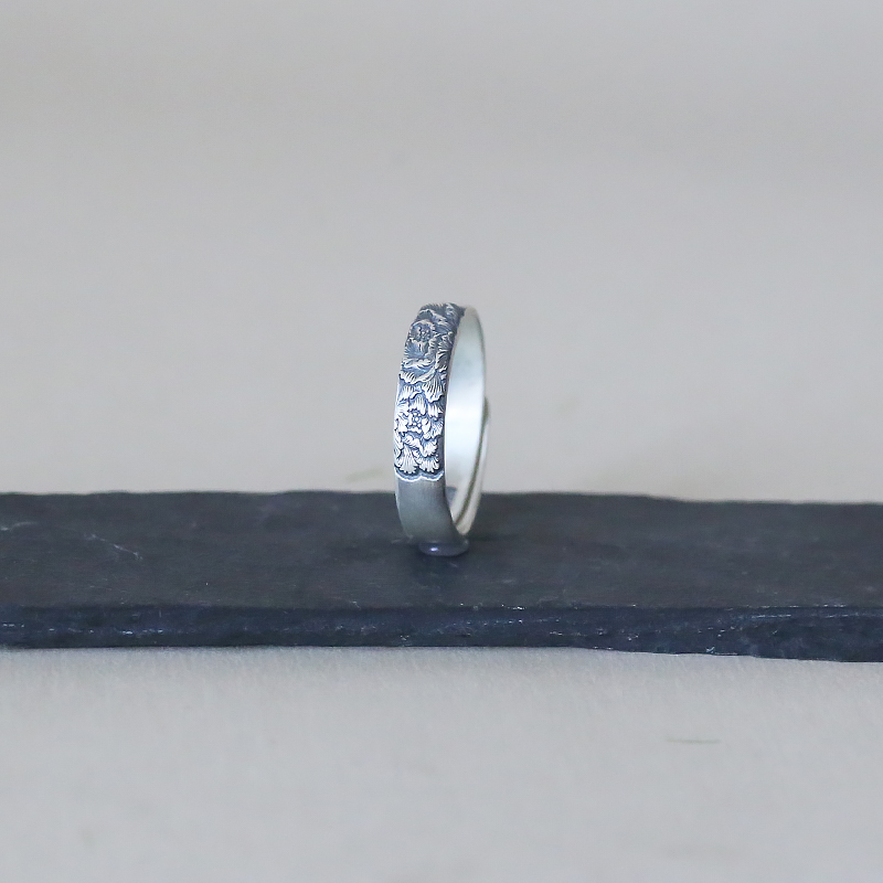 Handmade Pure Silver 999 Adjustable Open Ring with Carved Peony Flower - Vintage Chinese Style Floral Jewelry Handmade Pure Silver 999 Adjustable Open Ring with Carved Peony Flower - Vintage Chinese Style Floral Jewelry