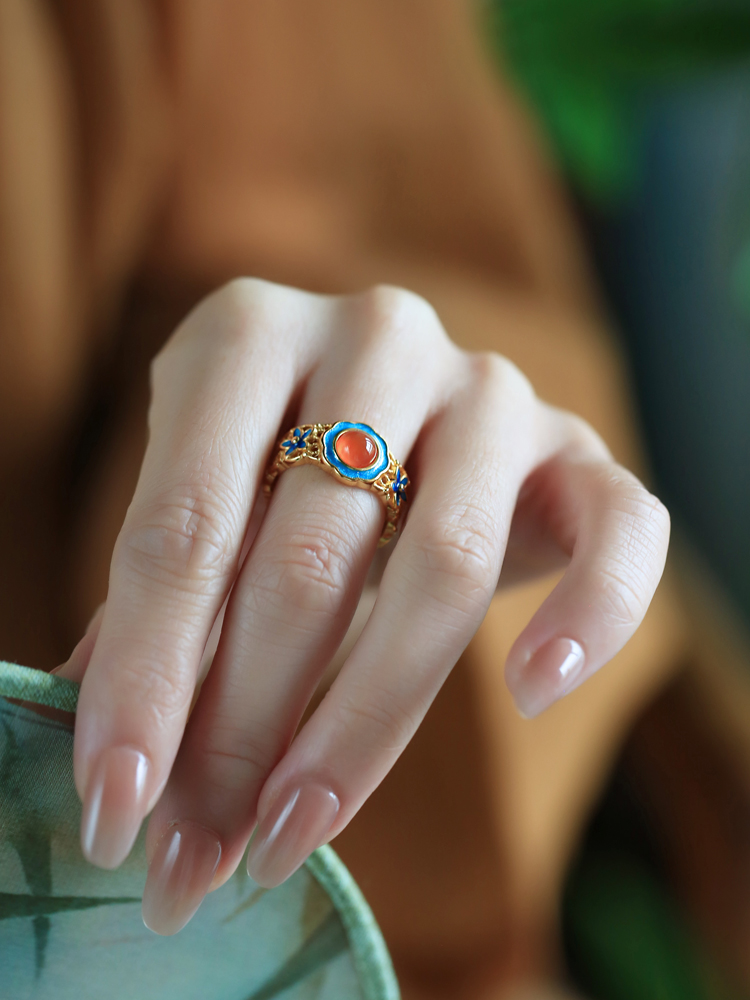 Handmade Pure Silver Ancient Method Gold Water å—çº¢ Agate Open Ring, Retro Palace Style Women's Jewelry