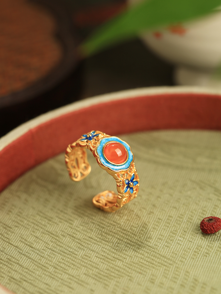 Handmade Pure Silver Ancient Method Gold Water å—红 Agate Open Ring, Retro Palace Style Women's Jewelry Handmade Pure Silver Ancient Method Gold Water å—红 Agate Open Ring, Retro Palace Style Women's Jewelry