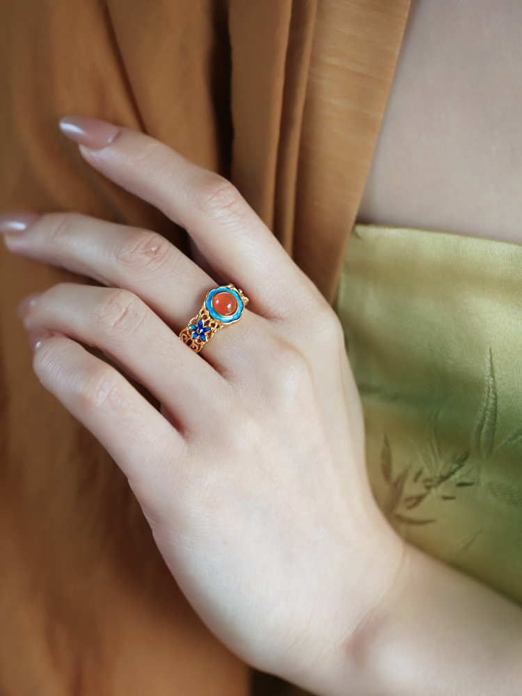 Handmade Pure Silver Ancient Method Gold Water å—红 Agate Open Ring, Retro Palace Style Women's Jewelry Handmade Pure Silver Ancient Method Gold Water å—红 Agate Open Ring, Retro Palace Style Women's Jewelry