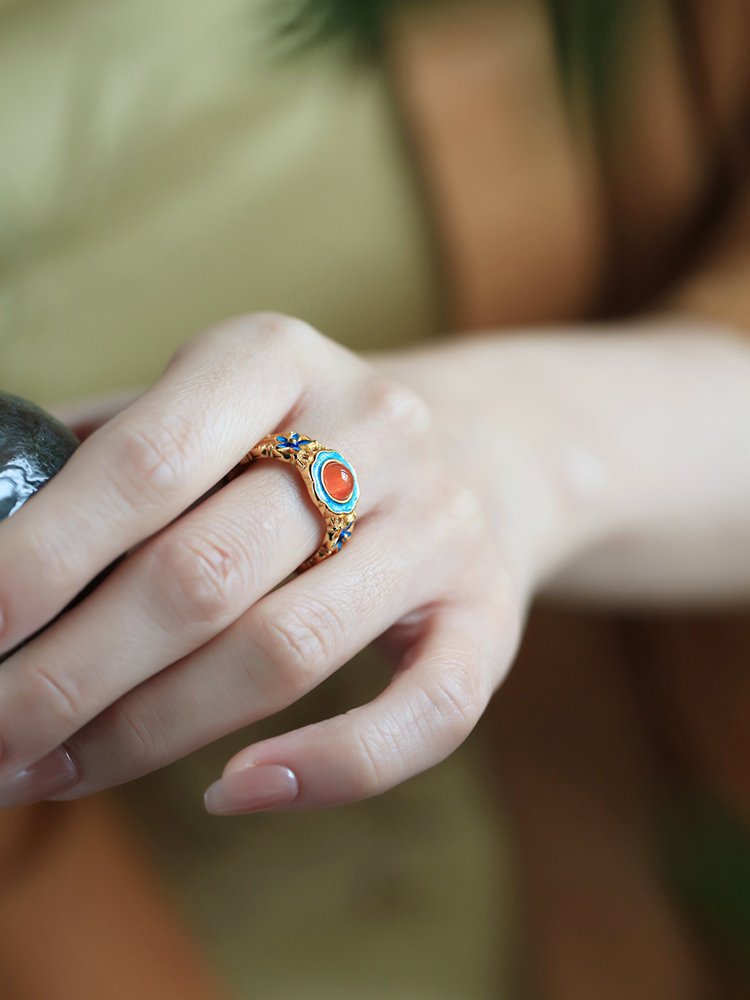 Handmade Pure Silver Ancient Method Gold Water å—红 Agate Open Ring, Retro Palace Style Women's Jewelry Handmade Pure Silver Ancient Method Gold Water å—红 Agate Open Ring, Retro Palace Style Women's Jewelry