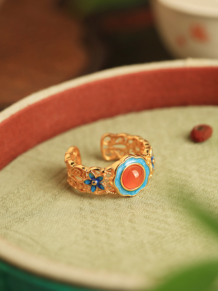 Handmade Pure Silver Ancient Method Gold Water å—红 Agate Open Ring, Retro Palace Style Women's Jewelry Handmade Pure Silver Ancient Method Gold Water å—红 Agate Open Ring, Retro Palace Style Women's Jewelry