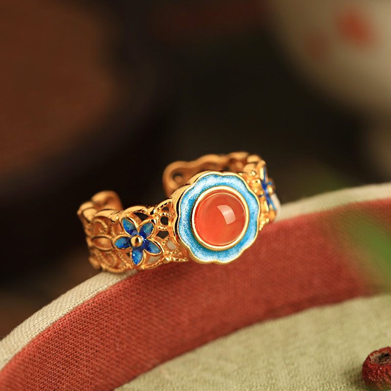 Handmade Pure Silver Ancient Method Gold Water å—çº¢ Agate Open Ring, Retro Palace Style Women's Jewelry