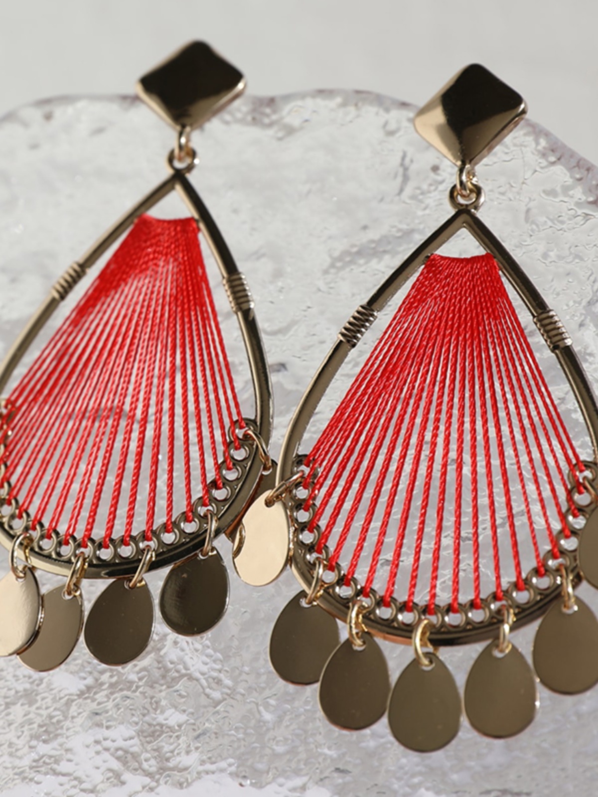 Handmade Red String Stud Earrings for Women, Korean Gold Hollow Drop Design, Elegant Ear Accessories