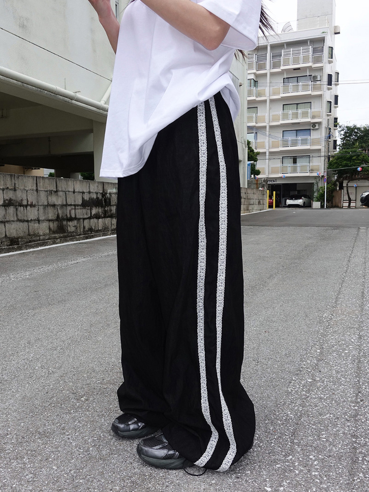 Handmade Retro Lace Side Stripe Casual Pants - Korean Style Straight Fit Trousers for a Chic 90s Look Handmade Retro Lace Side Stripe Casual Pants - Korean Style Straight Fit Trousers for a Chic 90s Look