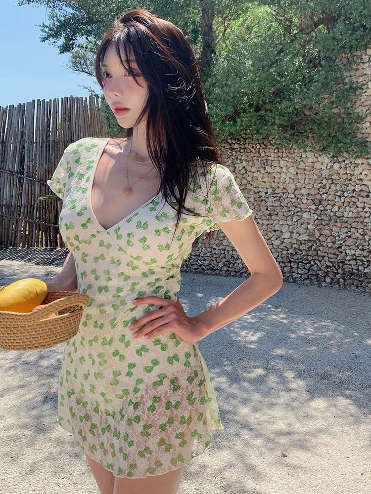Handmade Seeubaby Fresh Green Bow One-Piece Swimsuit - Korean Style, Cute Summer Swimwear, Trendy Beachwear for Women